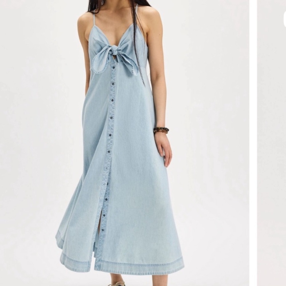 Free People Light Wash via Denim Tie-Front Maxi Dress M medium